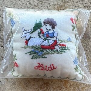 Vintage Embroidered Heidi Alba Swiss Mini Decorative Pillow Alpine Souvenir